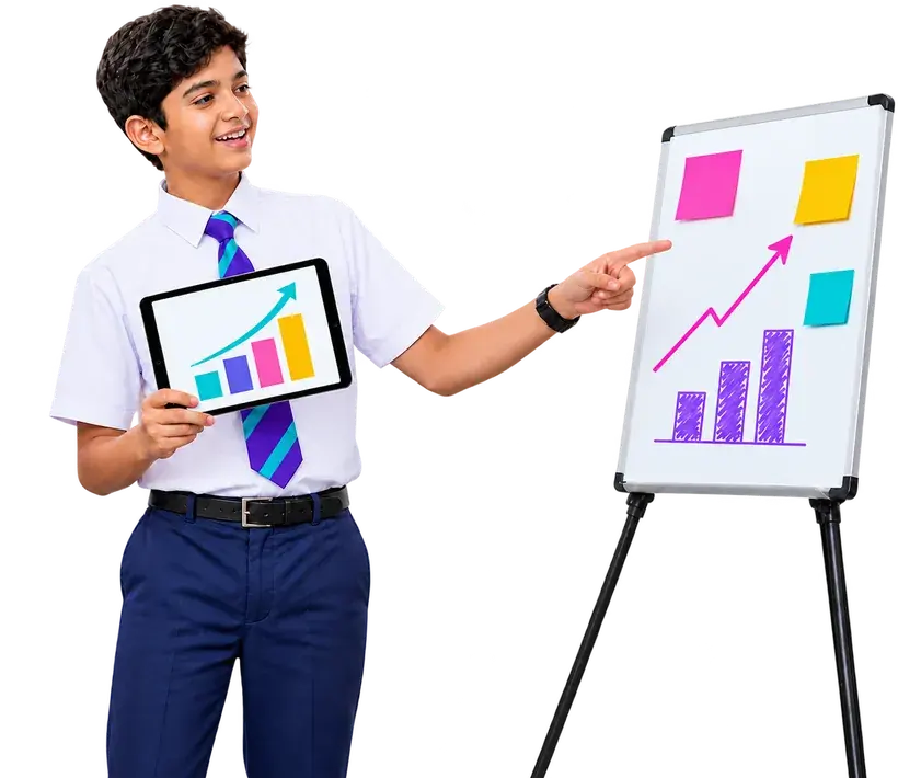 A student presenting a business idea at a whiteboard