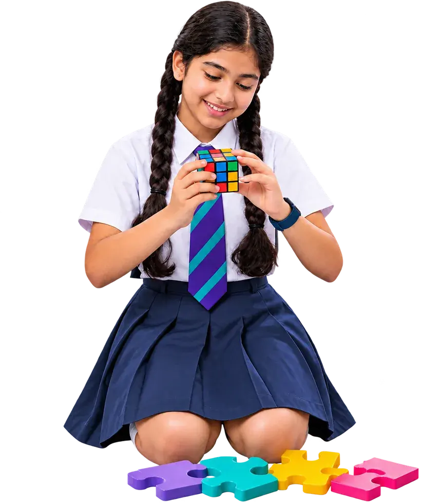 A student solving a puzzle cube