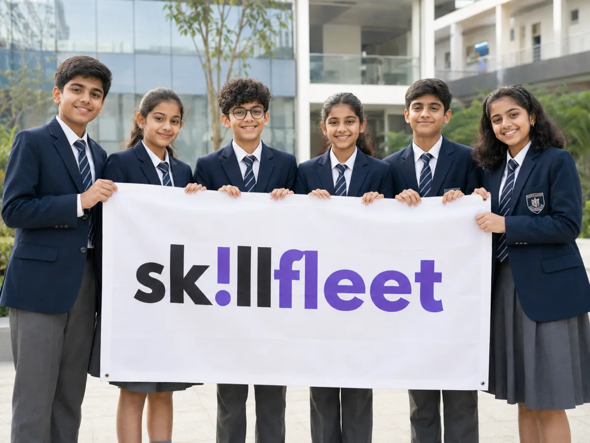 SkillFleet students holding banner